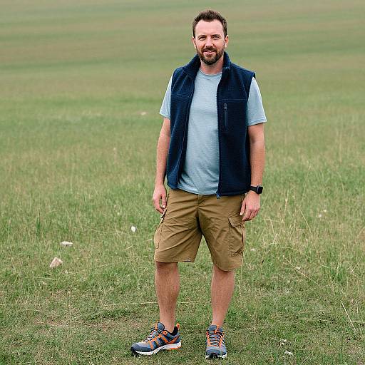 Photograph of a bearded man with short brown hair, wearing a light blue shirt, beige shorts, black vest, and colorful sneakers, standing on
