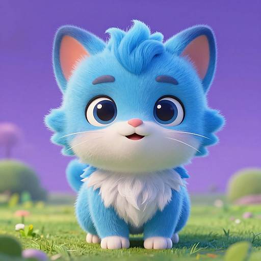 Cute, CGI blue cartoon kitten with white chest, large black eyes, and fluffy fur, standing in a vibrant, grassy field with a purple