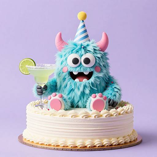 Photograph of a colorful, blue, furry monster cake topper with pink horns, a striped party hat, holding a lime margarita, sitting