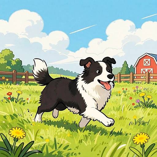 Colorful Cartoon Border Collie Running