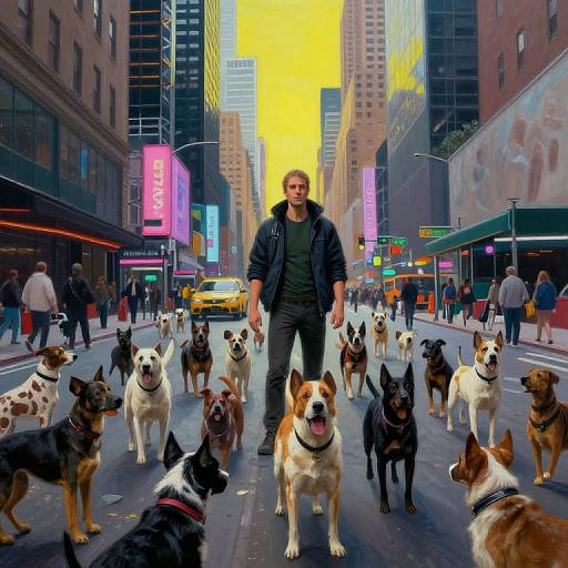 Photograph-style digital art of a man in a black jacket surrounded by various dogs in a vibrant, neon-lit New York City street.