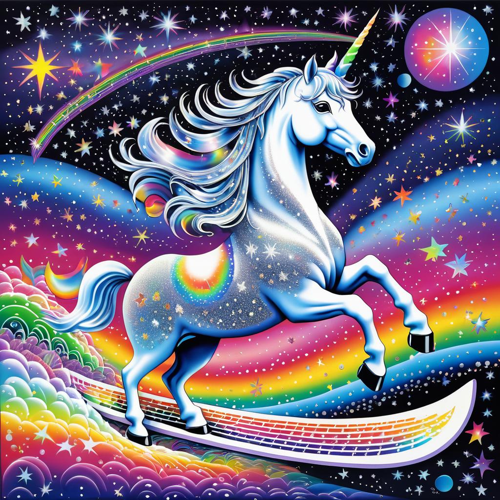 Cosmic Silver Unicorn Surfing on Rainbows