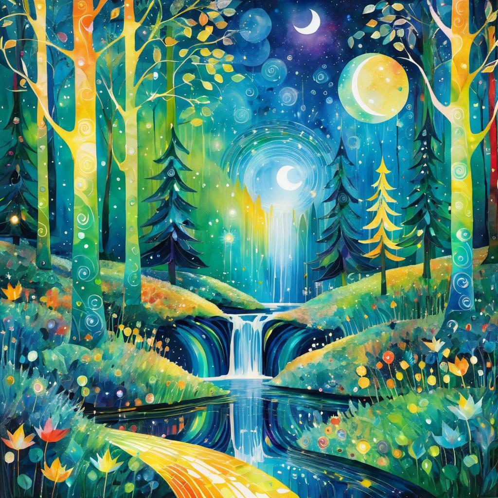 Whimsical Mystical Forest with Waterfall