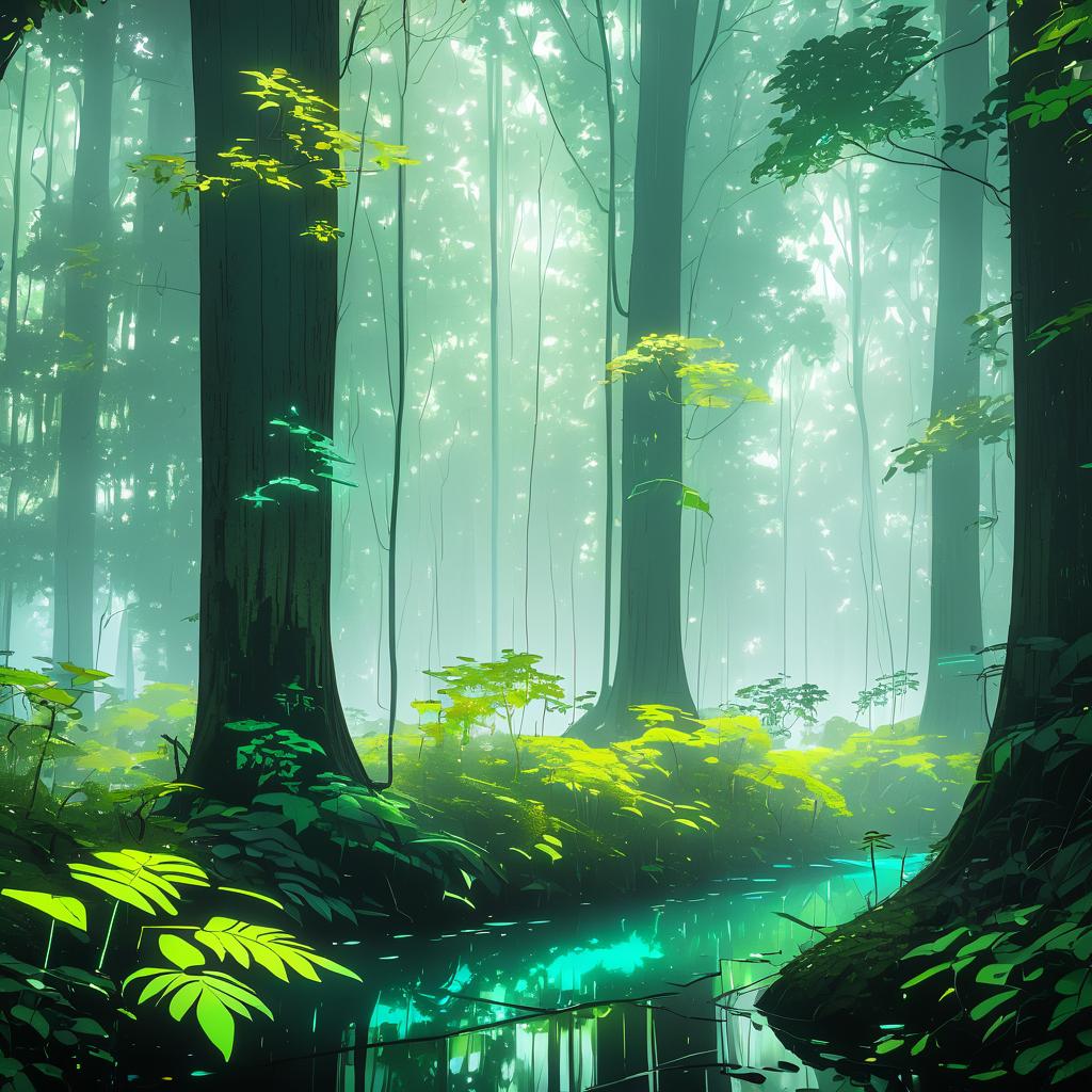 Tranquil Cyberpunk Woodland in Fog