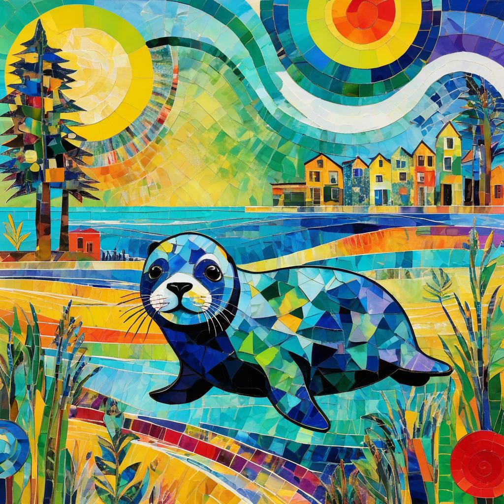 Joyful Seal in Post-Impressionist Collage