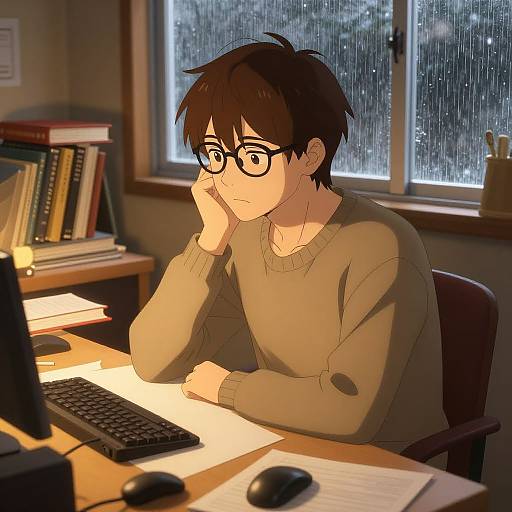 Cozy Anime Man Studying Indoors