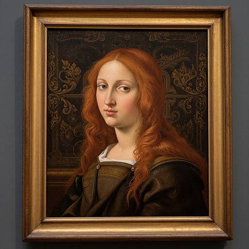 Renaissance portrait painting of a fair-skinned woman with long red hair, wearing a black dress, against an ornate dark background.