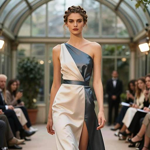 Photograph of a slender, fair-skinned woman with dark hair in an updo, wearing a one-shoulder, asymmetrical, navy and