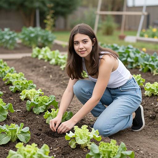 Photograph of a young woman with fair skin and brown hair, wearing a white tank top and blue jeans, kneeling in a garden, planting lettuce in