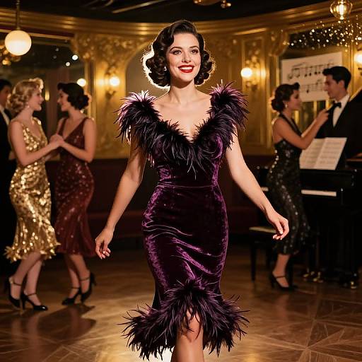 Photograph of a glamorous woman in a black, feather-trimmed evening gown, dancing in a luxurious ballroom with other elegantly dressed dancers.