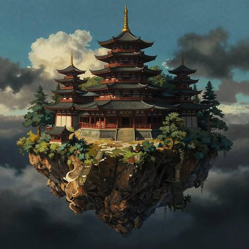 Romantic Ukiyo-e Floating Island Monastery