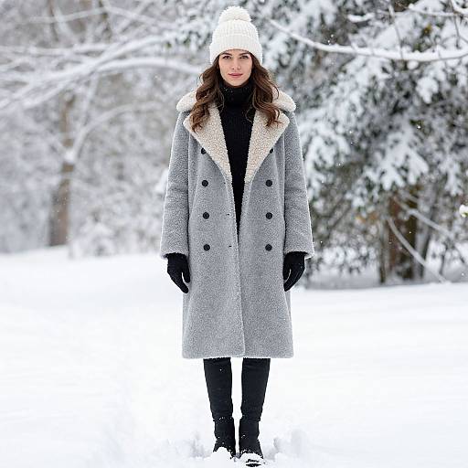 Photograph of a woman in a snowy forest, wearing a white knit beanie, gray coat with cream fur trim, black turtleneck, gloves