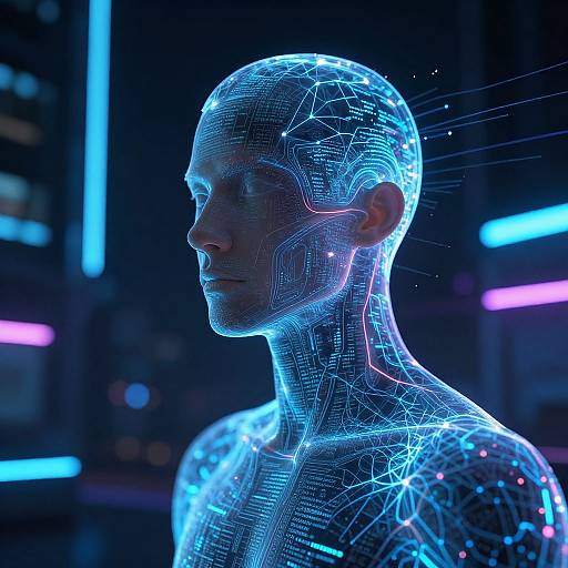 Neon-lit CGI of a human head and shoulders, glowing blue and pink circuitry overlay, futuristic cityscape background, cybernetic style.
