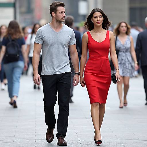 Photograph of a muscular man in a gray V-neck t-shirt and black pants, walking beside a slender woman in a red, sleeveless, knee