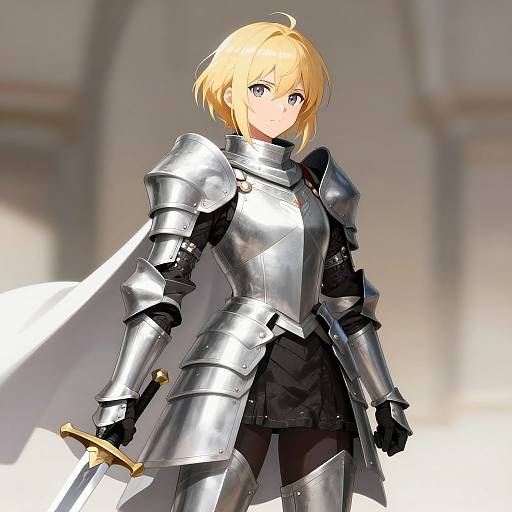 Anime-style digital drawing of a blonde, blue-eyed female knight in shiny silver armor, black pants, with a sword at her side.