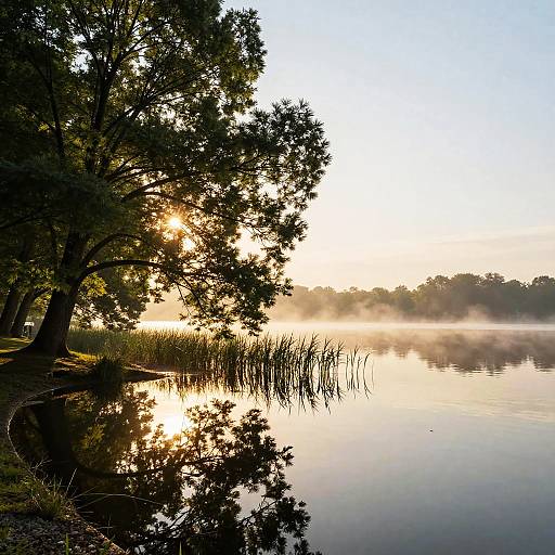 Serene Lake Sunrise with Tree Reflection