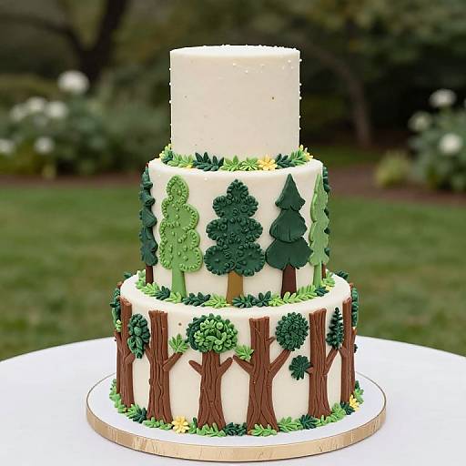 Photograph of a white, three-tiered forest-themed cake with green trees, brown trunks, and small yellow flowers, set outdoors on a grass