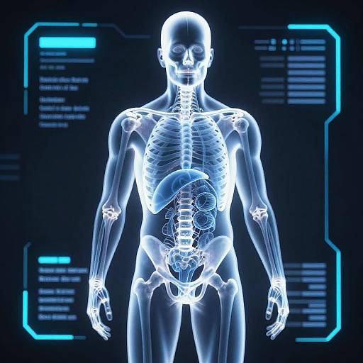 Digital CGI image of a glowing, translucent human skeleton with blue highlights, standing against a dark background with blue text boxes.