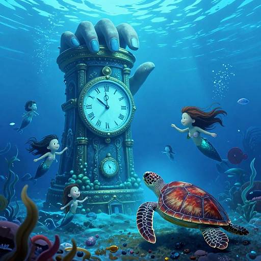 Underwater fantasy scene: mermaids, sea turtle, and clock hand with clock face, surrounded by colorful coral, fish, and bubbles, illuminated by