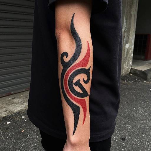 Photograph of a man's forearm with a bold black and red tribal tattoo, wearing a black shirt, standing on a gray, speckled sidewalk
