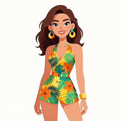 Digital illustration of a smiling woman with long brown hair, wearing a colorful floral halter romper, yellow earrings, and bracelet, against a white background