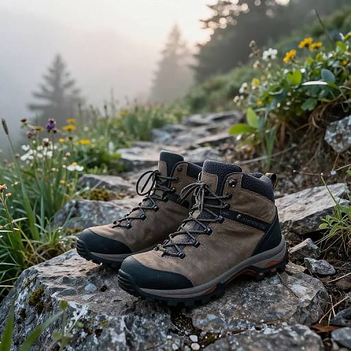 Photograph of rugged brown hiking boots with black laces on a rocky, mossy trail surrounded by wildflowers and misty forest.
