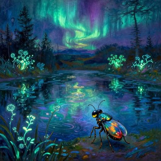 Vibrant digital painting: glowing blue and green Northern Lights over a reflective lake, luminescent flowers, and a colorful butterfly-like insect with antenn