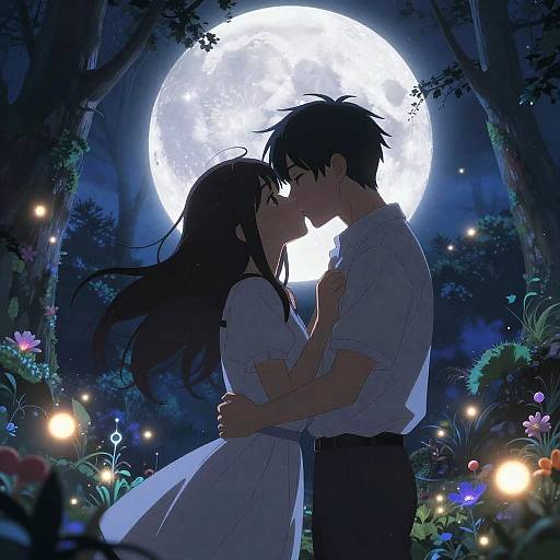 Anime Couple Kiss Beneath Glowing Moon