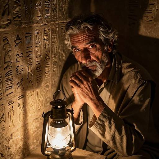 Photograph of an elderly Indian man with gray hair and beard, illuminated by a lantern, against an ancient, carved stone wall.