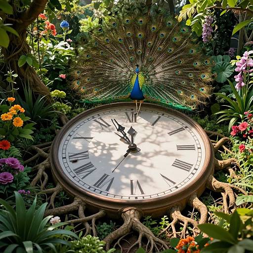 Photograph of a peacock with a vibrant, fanned-out tail perched on a large, antique clock surrounded by lush, colorful flowers and small