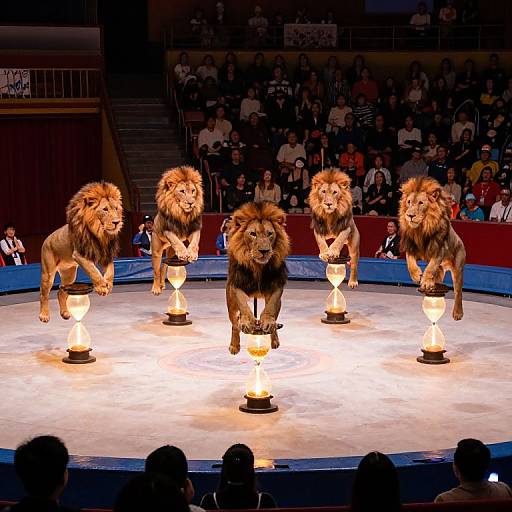 Photograph of four trained male lions with full manes, standing on a circus ring illuminated by lanterns, performing for an audience in a dimly