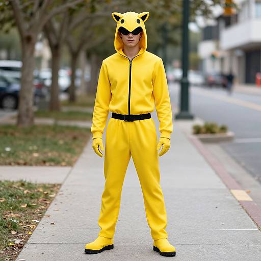 Photograph of a man in a bright yellow Pikachu costume with hood, black gloves, and black belt, standing on a city sidewalk. Blurred urban