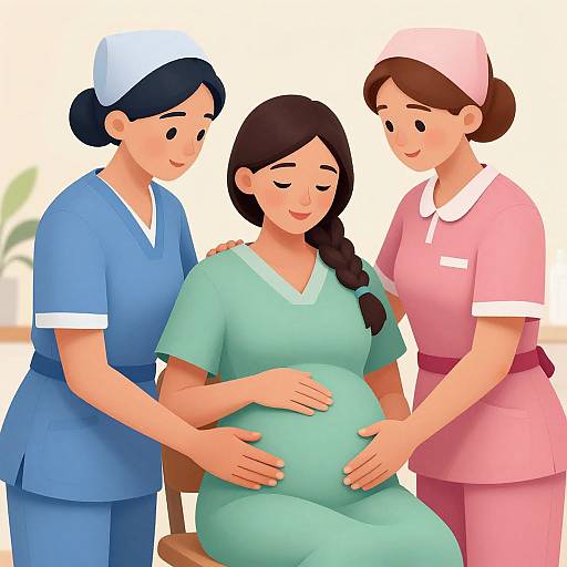 Digital illustration of three women: two nurses in blue and pink uniforms, gently touching a pregnant woman in green scrubs, seated and smiling.