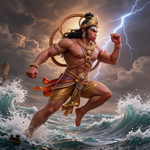 Digital artwork of muscular, dark-skinned god with gold jewelry, holding lightning, standing on ocean wave, stormy sky, lightning bolt in hand.