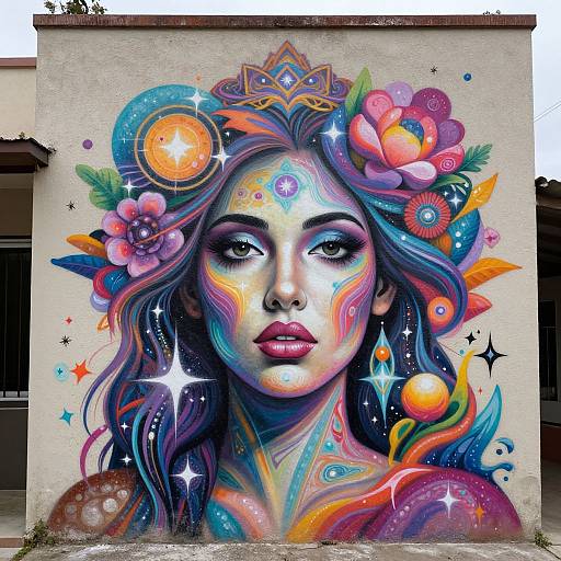 Vibrant digital graffiti portrait of a woman with multicolored, starry makeup, floral and cosmic elements, and a mystical crown, set against