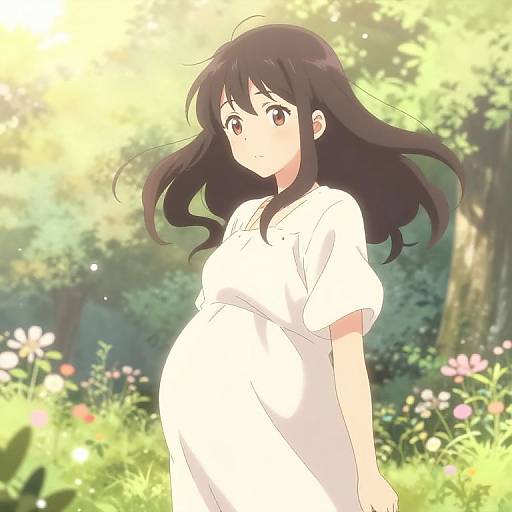 Anime-style digital drawing of a pregnant woman with long black hair, wearing a white dress, standing in a sunlit, flower-filled forest.