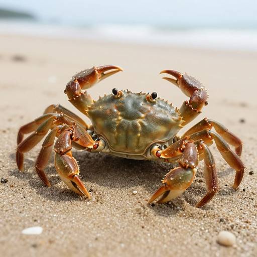Close-up photograph of an orange-brown crab with spiked legs and a greenish-blue carapace on sandy beach, bright sunlight.