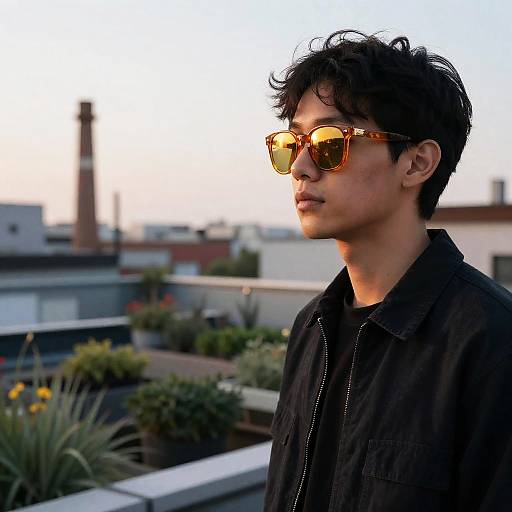 Nonbinary Artist with Amber-Gold Sunglasses at Dusk