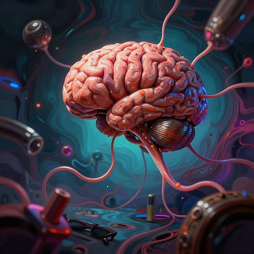Digital artwork of a glowing, pink, floating human brain with tentacle-like extensions, surrounded by blue swirling lights and futuristic machinery.