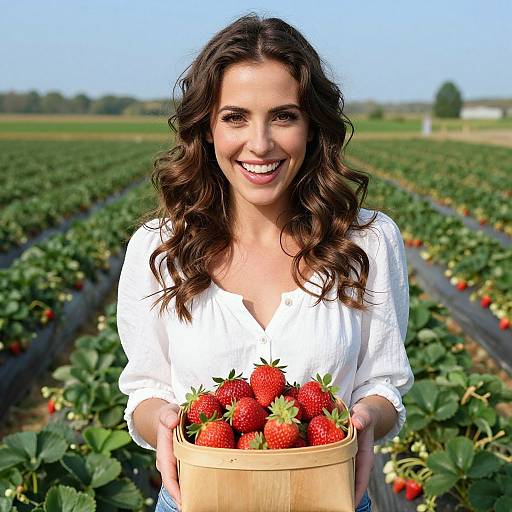 Smiling brunette woman with wavy hair, wearing a white blouse, holds a wooden basket of ripe strawberries in a lush strawberry field under a clear blue