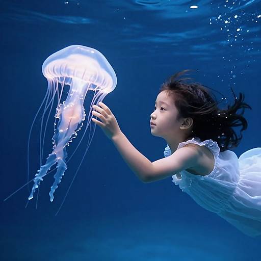 Photograph of an Asian girl with long black hair in a white dress, reaching out to a glowing, translucent jellyfish in a deep blue underwater scene