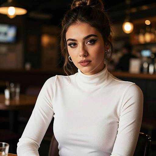 Photograph of a young woman with dark hair in a bun, wearing a white turtleneck, hoop earrings, and dramatic makeup, sitting in a