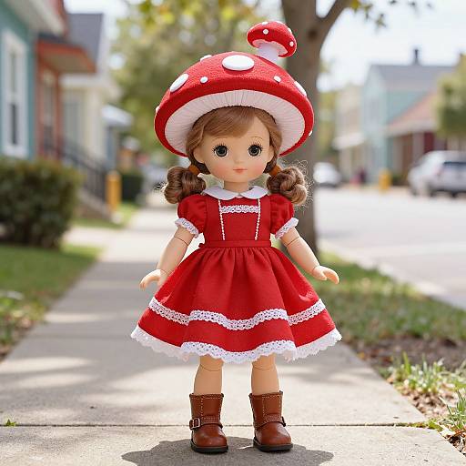 Photograph of a doll with brown curls, wearing a red mushroom hat, red dress with white lace, brown boots, standing on a suburban sidewalk.