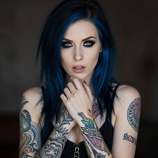 Photograph of a pale-skinned woman with black hair, blue eyes, heavy makeup, and numerous colorful tattoos, wearing a black tank top, hands