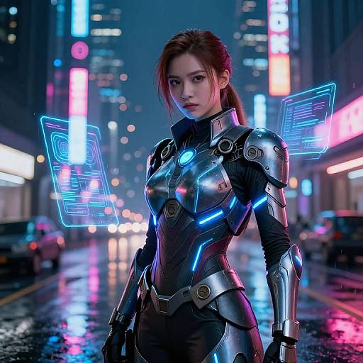Cyberpunk woman in futuristic, metallic armor with glowing blue accents and holographic wings, standing in a neon-lit, rainy city street. Phot