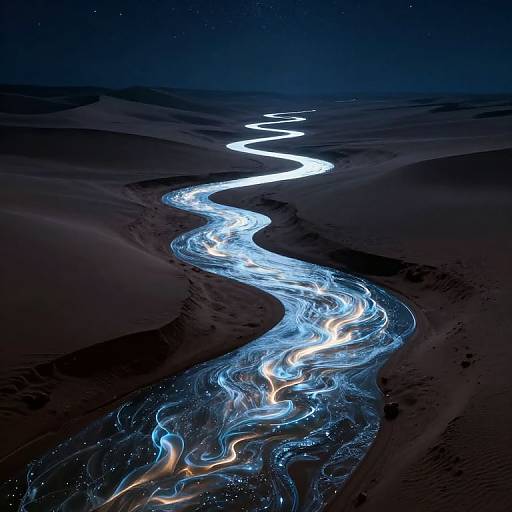 Photograph of a glowing, winding river of light in a dark, starry desert landscape, with blue and white light trails.