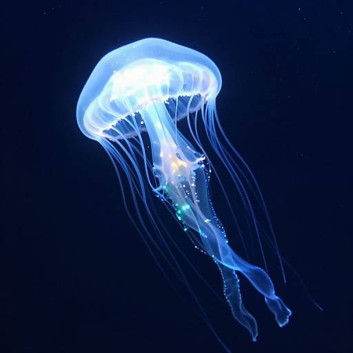 Glowing blue jellyfish with translucent, flowing tentacles against a dark blue background, highlighting its ethereal, bioluminescent appearance.