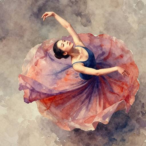 Digital painting of a ballerina with dark hair, wearing a blue and pink flowing dress, arms gracefully raised, against a watercolor background.