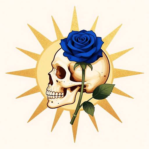 Skull with Blue Rose and Sunburst