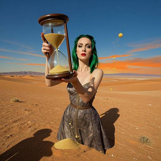 Photograph of a green-haired woman with red lipstick, wearing a grey dress, holding an hourglass in a desert with a bright blue, orange sunset